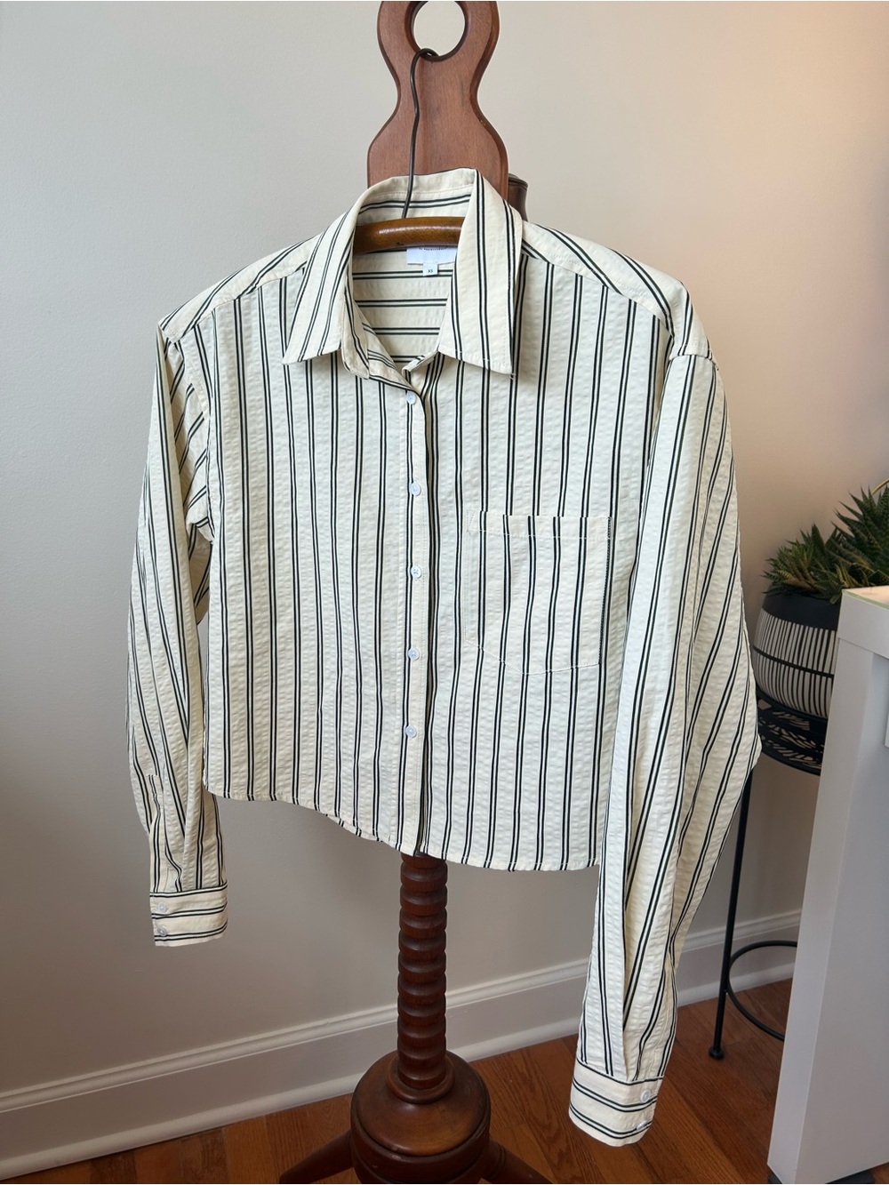 sundays Cream Button-Down Shirt with Navy and Green Stripes EUC size XS
